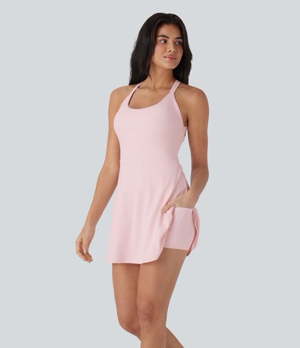 Halara Women's Pink Tennis Dress XS Built-In Shorts Pocket Open Back